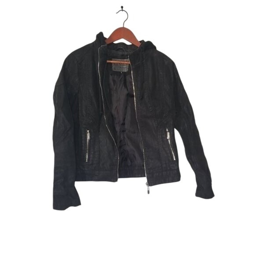 Black Hooded Moto Jacket Womens Full Zip‎ Casual - Size small